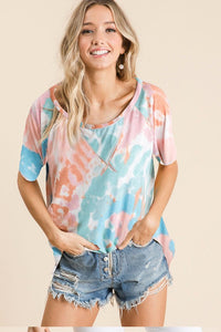 TIE DYE PRINT KNIT TOP WITH RAGLAN SLEEVES - Lavender/Blue, Yellow/Orange or Peach/Mint