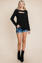 Plus Solid Cut Out Long Sleeve Top - Denim Blue