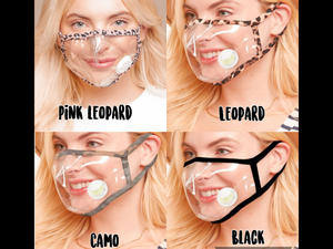 CLEAR VINYL FACE MASK WITH BREATHABLE VALVE VENT - ASSORTED STYLES. CLEARANCE FINAL SALE! Was $12 Now $7