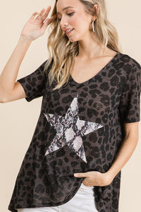 LEOPARD HACCI DEEP U NECK TOP WITH SNAKESKIN - CHARCOAL or OATMEAL. ** CLEARANCE FINAL SALE!!