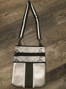 Silver Neoprene Crossbody with Snake Detail and Black/White stripe