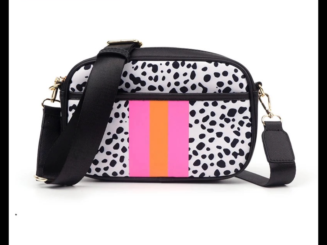 White Black Dot w/ Pink/Orange Stripe Neoprene Crossbody Bag