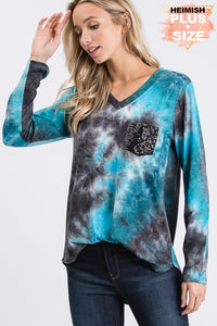 PLUS SIZE LONG SLEEVE TIE DYE PRINT TOP WITH BLACK SEQUIN POCKET - BLACK/TEAL or a BLACK/TAN