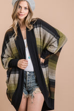 BRUSHED MULTI COLOR STRIPED OPEN CARDIGAN WITH LONG DOLMAN SLEEVES AND CURVED HEM - Magent Multi or Olive Multi