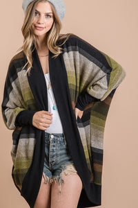 BRUSHED MULTI COLOR STRIPED OPEN CARDIGAN WITH LONG DOLMAN SLEEVES AND CURVED HEM - Magent Multi or Olive Multi