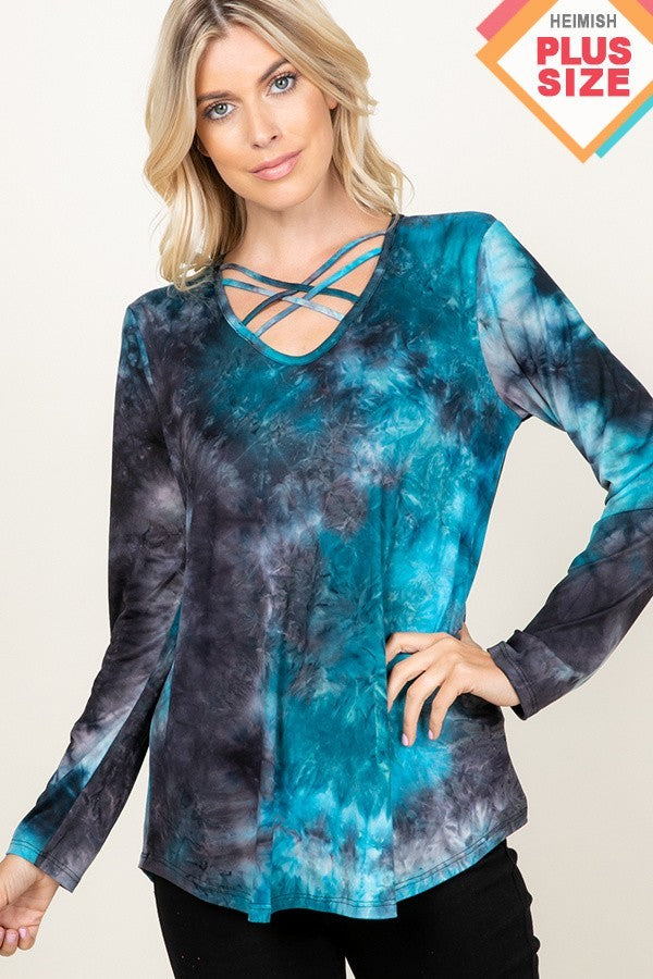 LONG SLEEVE CRISSCROSS V NECK ROUND HEM TIE DYE PRINT TOP PLUS SIZE - BLACK/IVORY, BLACK/BURGUNDY or BLACK/TEAL