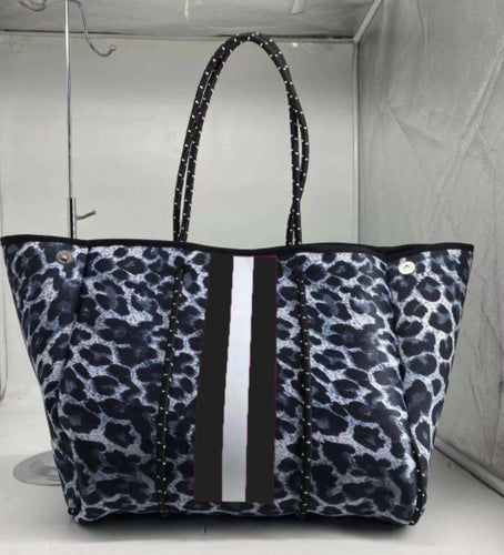 Grey/Black Leopard Neoprene Tote Stripe