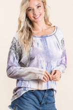 TIE DYE KNIT TOP WITH PRINT BLOCK SHOULDER AND JACQUARD TAPE - LAVENDER/BLUE