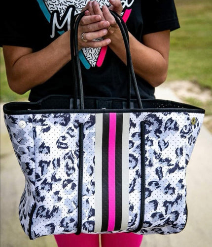 Leopard Neoprene Tote with Pink Stripe