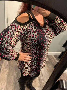 A long sleeve neon leopard print knit top with a round neck featuring a puff sleeve and a cut out detail - Grey/Black/Neon Pink