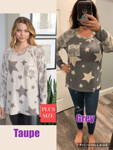 PLUS Long sleeve star print knit top with a round neck featuring a tie dye patch pocket, tie dye trim, and a side slit - Grey or Taupe