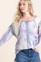 TIE DYE KNIT TOP WITH PRINT BLOCK SHOULDER AND JACQUARD TAPE - LAVENDER/BLUE