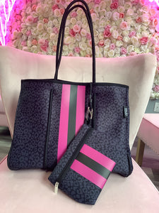 Black Leopard w/ Pink Stripe Neoprene Tote 💗🖤