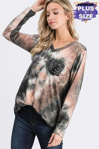 PLUS SIZE LONG SLEEVE TIE DYE PRINT TOP WITH BLACK SEQUIN POCKET - BLACK/TEAL or a BLACK/TAN