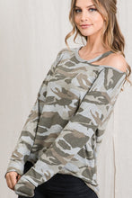 CAMOUFLAGE PRINT ROUND NECKLINE LONG SLEEVE TOP WITH CUTOUT SHOULDER DETAIL- ARMY GREY or ARMY OLIVE