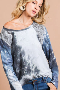 TIE DYE DISTRESSED KNIT TOP WITH LEOPARD SHOULDER BLOCK AND TIE DYE PRINT SLEEVES - CHARCOAL/BLUE MIX or CHARCOAL/RUST MIX