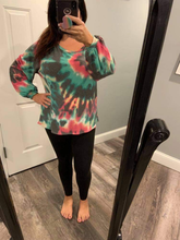 TIE DYE PRINT TERRY TOP WITH PUFF SLEEVES - FUCHSIA/CHARCOAL or FUCHSIA/DENIM