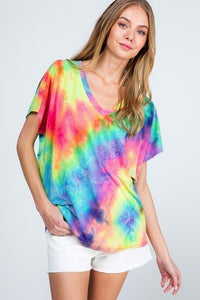 Tie-dye V-neck short sleeve casual top - Rainbow 🌈 Multi