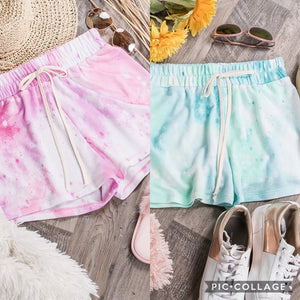 TIE-DYE SHORTS WITH ELASTICIZED WAISTBAND, DRAWSTRINGS, AND SIDE SEAM POCKETS - Blue/Mint or Pink