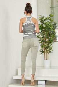 VENTI6 TANK TOP WITH FRINGE SEAM CLEAR SEQUIN CONTRAST - BEIGE, WHITE OR SKY BLUE CAMOUFLAGE