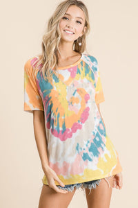 TIE DYE PRINT KNIT TOP WITH RAGLAN SLEEVES - Lavender/Blue, Yellow/Orange or Peach/Mint