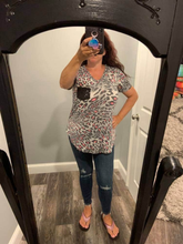 PLUS SHORT SLEEVE V NECK ROUND HEM LEOPARD ANIMAL PRINT TOP WITH BLACK SEQUIN POCKET GREY/MULTI