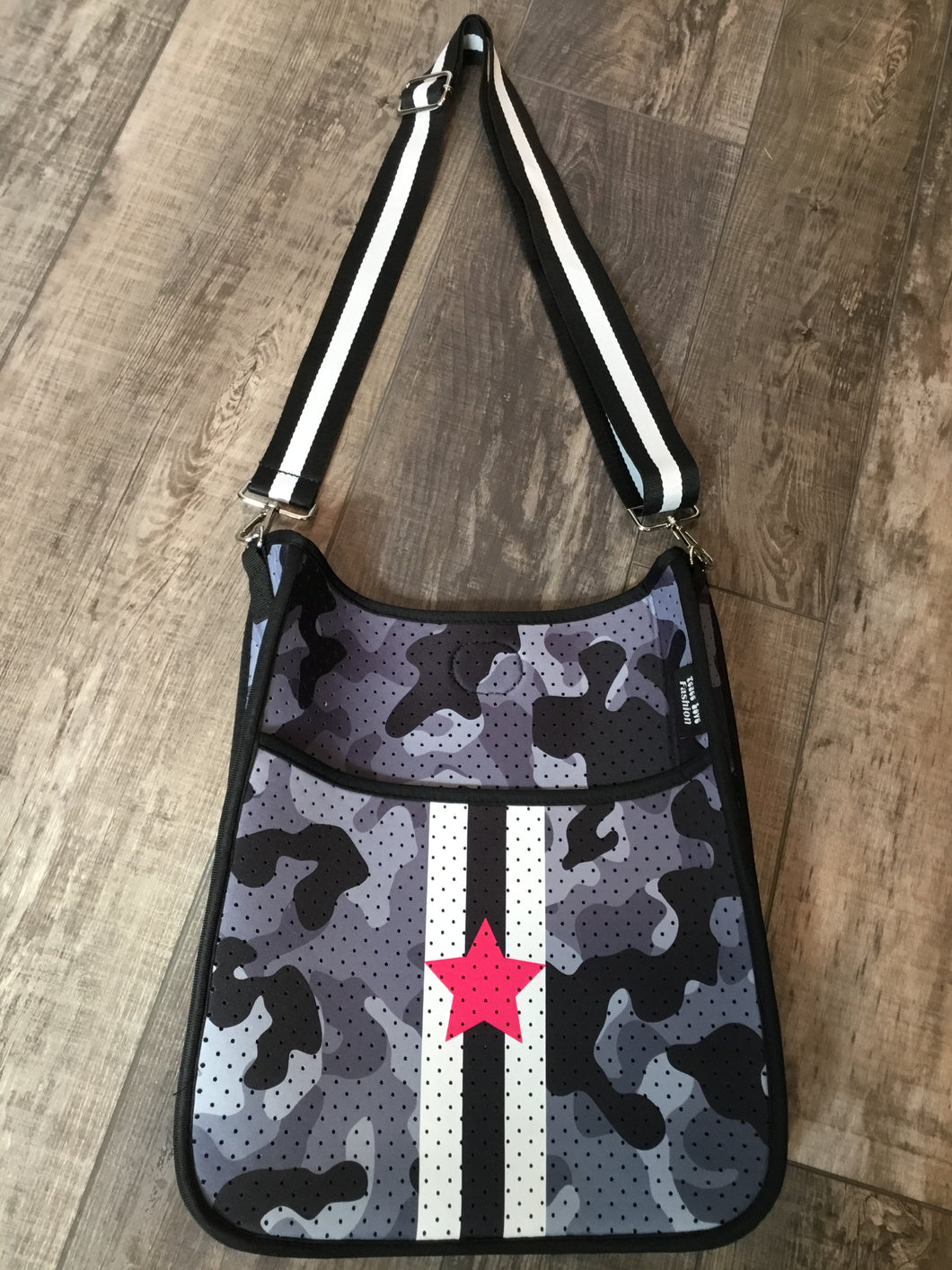 Grey Camouflage Star Neoprene Messenger Bag with Black & White Stripe Strap