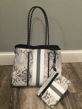 Snakeskin Neoprene Tote With Grey Stripe & Silver Side Panels