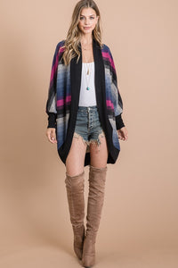 BRUSHED MULTI COLOR STRIPED OPEN CARDIGAN WITH LONG DOLMAN SLEEVES AND CURVED HEM - Magent Multi or Olive Multi