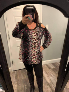 A long sleeve neon leopard print knit top with a round neck featuring a puff sleeve and a cut out detail - Grey/Black/Neon Pink