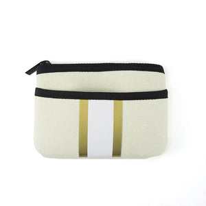 Ivory Gold Stripe Mini Neoprene Card, Wallet, Bag Key Purse with Zipper Closure