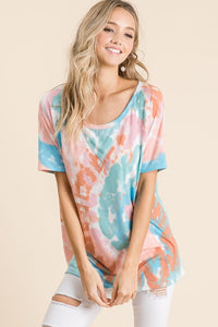 TIE DYE PRINT KNIT TOP WITH RAGLAN SLEEVES - Lavender/Blue, Yellow/Orange or Peach/Mint