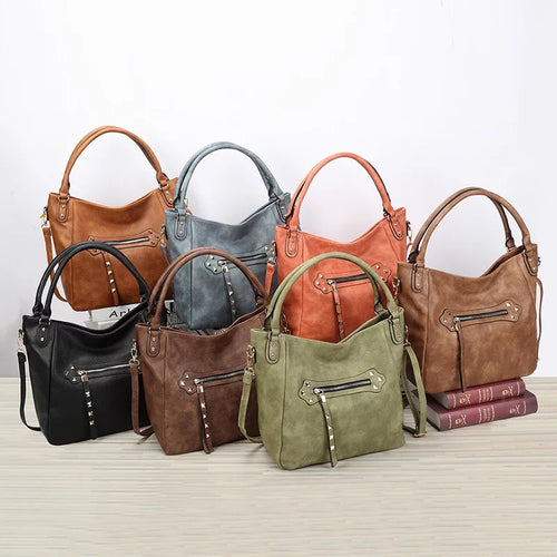 Vegan Leather Woven Flip Rivet Handbag Zipper Closure Crossbody Bag - Assorted Colors