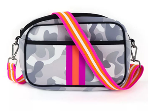 Grey Camoflauge with Lavender/Orange Stripe Neoprene Crossbody Bag 💜🧡