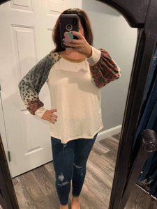 PLUS SIZE Long sleeve solid knit top with a round neck featuring a puff sleeve and a leopard print trim - Ivory or Olive