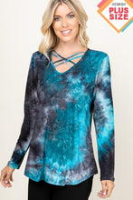 LONG SLEEVE CRISSCROSS V NECK ROUND HEM TIE DYE PRINT TOP PLUS SIZE - BLACK/IVORY, BLACK/BURGUNDY or BLACK/TEAL