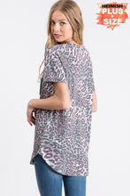 PLUS SHORT SLEEVE V NECK ROUND HEM LEOPARD ANIMAL PRINT TOP WITH BLACK SEQUIN POCKET GREY/MULTI