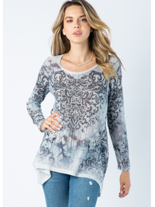 VOCAL LONG SLEEVE SHARKBITE TOP WITH PRINT AND STONES - GREY