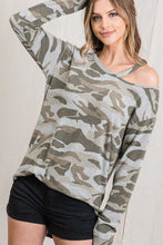 CAMOUFLAGE PRINT ROUND NECKLINE LONG SLEEVE TOP WITH CUTOUT SHOULDER DETAIL- ARMY GREY or ARMY OLIVE