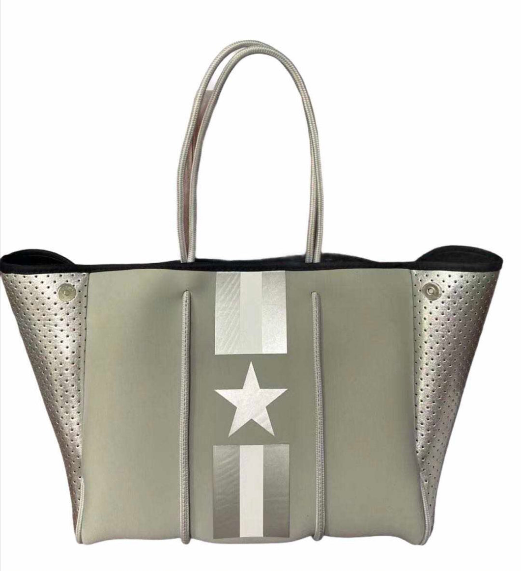 Light Grey Neoprene Tote with Silver Star and Side Panels