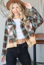 Bleached hem double pockets front detail cropped plaids shirt