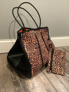 Leopard with Black Metallic Side Panels Neoprene Tote