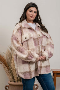 PLUS PLAID SHERPA JACKET - LIGHT PINK OR LIGHT GREY MULTI