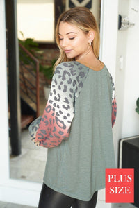 PLUS SIZE Long sleeve solid knit top with a round neck featuring a puff sleeve and a leopard print trim - Ivory or Olive