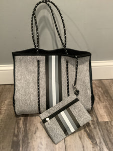 Grey with Black, Grey & White Stripe Neoprene Tote