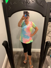 SHORT SLEEVE V NECK MULTICOLOR NEON TIE DYE PRINT TOP  - NEON PINK/MULTI-CUT