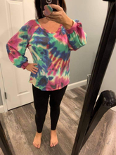 TIE DYE PRINT TERRY TOP WITH PUFF SLEEVES - FUCHSIA/CHARCOAL or FUCHSIA/DENIM