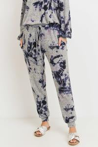 TIE-DYE CASHMERE BRUSHED JOGGERS WITH AN ELASTICIZED DRAWSTRING WAIST, SEAM POCKETS AND BANDED ANKLE CUFFS - GREY/NAVY