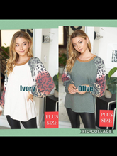 PLUS SIZE Long sleeve solid knit top with a round neck featuring a puff sleeve and a leopard print trim - Ivory or Olive