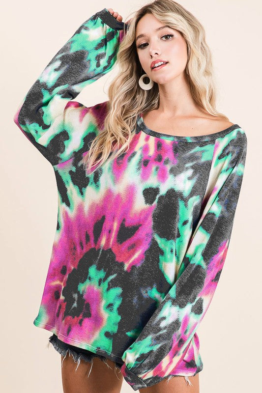 TIE DYE PRINT TERRY TOP WITH PUFF SLEEVES - FUCHSIA/CHARCOAL or FUCHSIA/DENIM